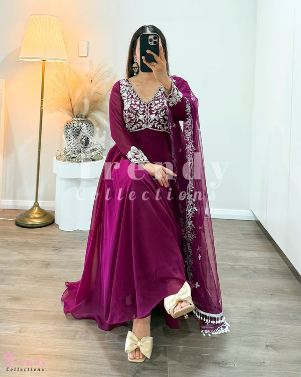 Soft Georgette Anarkali Set with Handworked Beads - Purple ( Sizes 36 to 42 available)