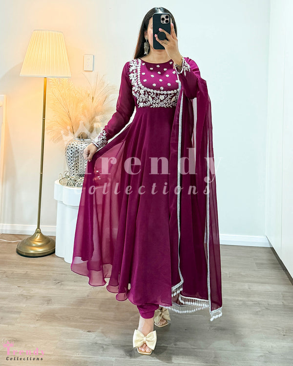 Soft Georgette Anarkali Set with Sequin & Beads Handwork - Wine Colour ( Sizes 34 to 42 available)