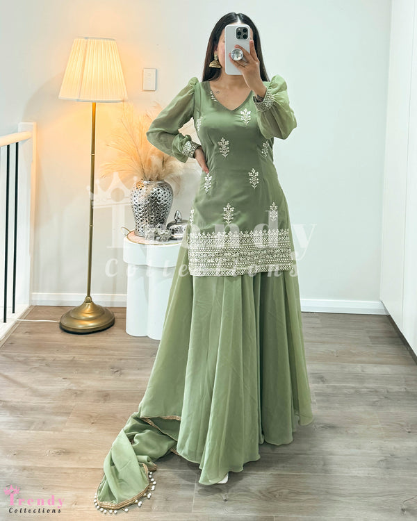 Design 3 Piece Georgette Sarara Set With Thread Work in Sage Green (Size 34 - 40 available)