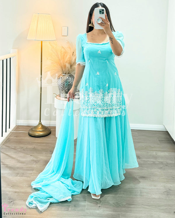 Design 3 Piece Georgette Sarara Set With Thread, Beads & Sequin Work in Aqua Blue (Size 34 - 40available)