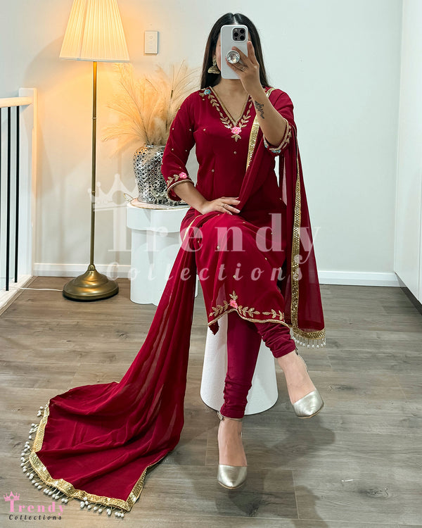 Designer Georgette Kurtha Set with Beads & Sequin Hand Work in Maroon (Sizes 34 - 40 Available)