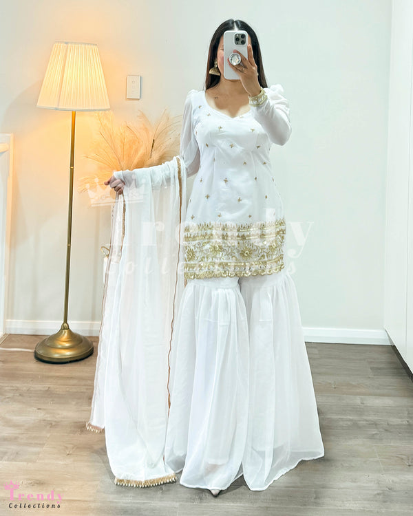 Design 3 Piece Georgette Sarara Set With Zari & Sequin Work in White (Size 34 - 40 available)