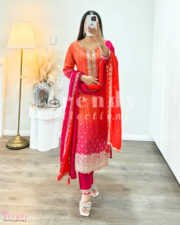 Pink Shaded Orange Kurtha Set with Zari Work (Sizes 36 - 42 Available)