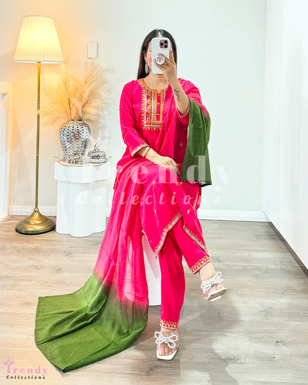 Kurtha Set with Floral Thread & Zari Work in Rani Pink & Green (Sizes 40-46 Available)