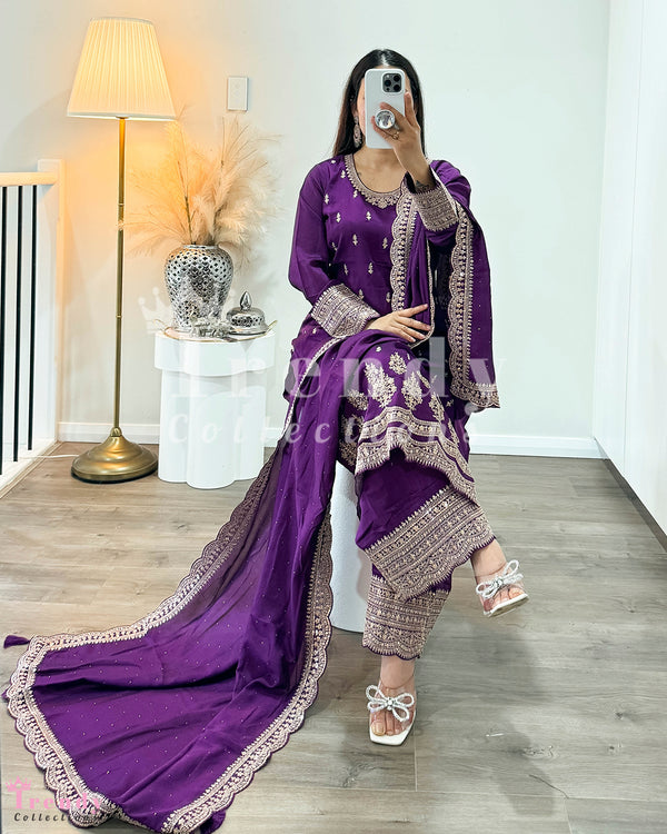 Kurtha Plazo Set with  Zari Work in Purple (Sizes 36 - 44 Available)