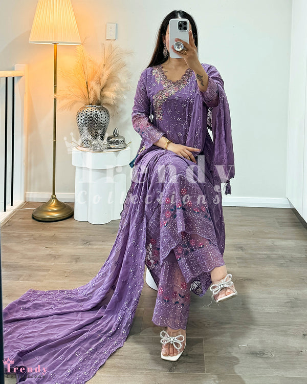 Anarkali Set with Heavy Theard & Zari Work  - Dusky Purple (Sizes 36 - 42 Available)