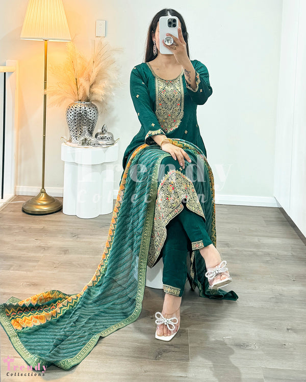 Anarkali Set with Zari Work in  Dark Green (Sizes 34- 38 Available)