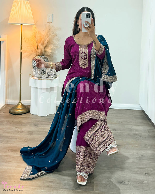 Kurtha Plazo Set with  Zari Work & Blue Shawl in Wine Color (Sizes 40-44 Available)