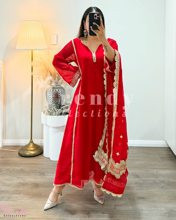 Pakistani Style Georgette Designer Kurtha Set in Red (Sizes 36 - 42 Available)