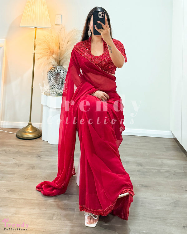 Bridal / Party Host 3 Piece Saree Set with Heavy Breads work in Maroon (Sizes 34- 38 available)