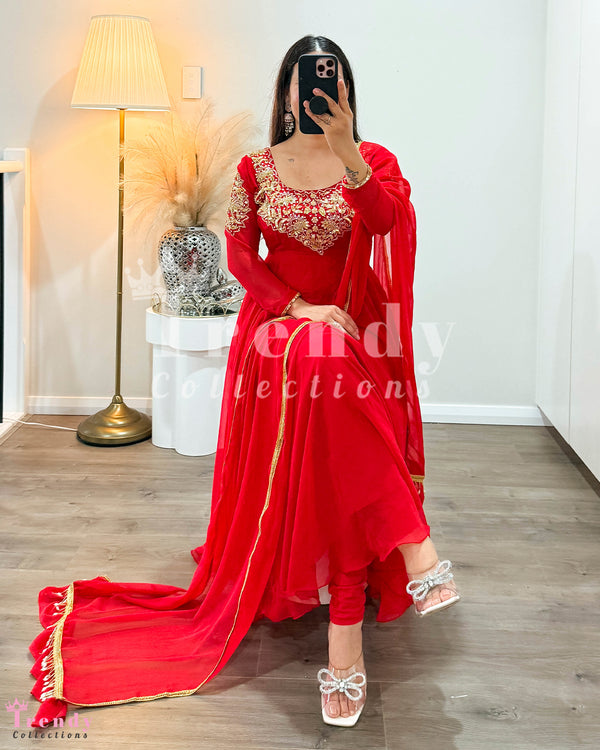 Soft Georgette Anarkali Set with  Beads & Sequin Hand Embroidery in Red (Sizes 34 - 44)