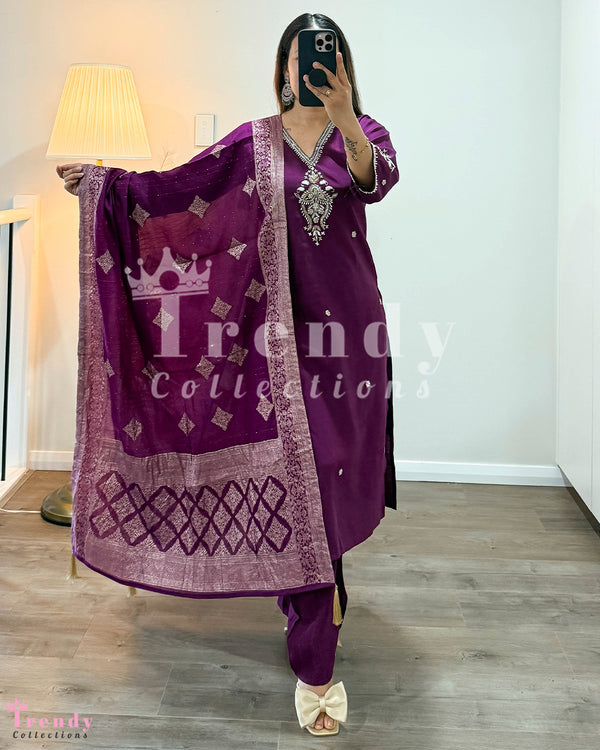 Kurtha Set with Beads Work  in Dark Purple (Sizes 40-46 Available)