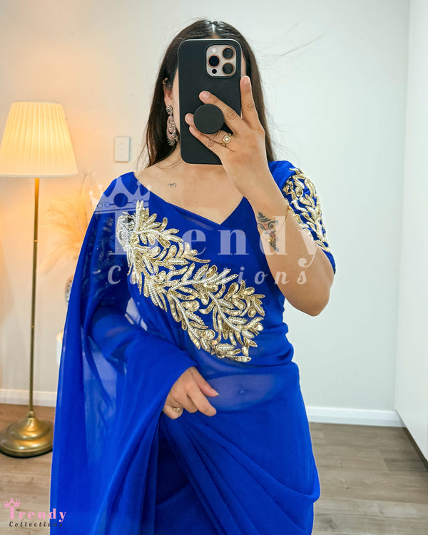 Designer Saree Set with Beads & Sequin Handowrk - Royal Blue  (Sizes 32- 44available)