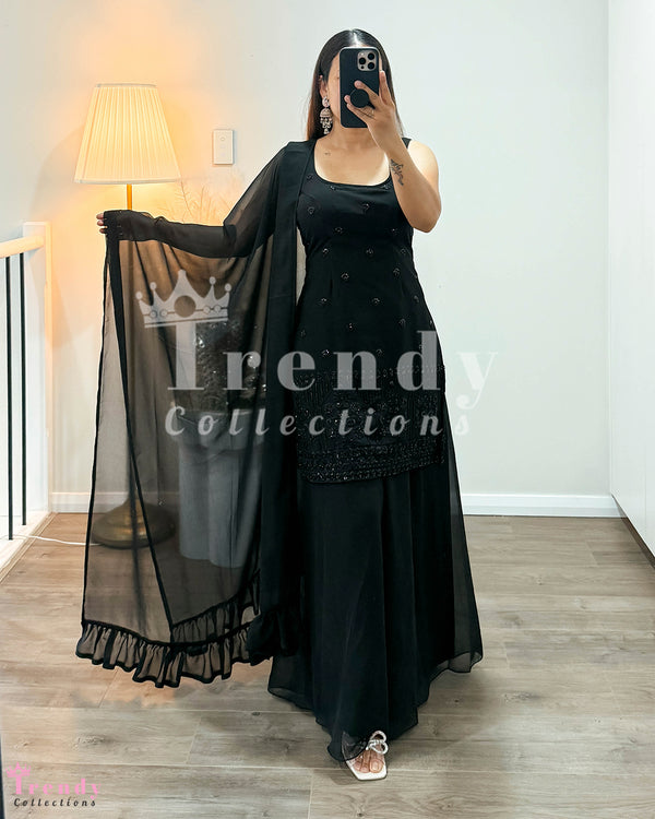 Designer Georgette Sleeveless Sarara Set with Hand Embroidery - Black colour (Size 34 - 40 available)