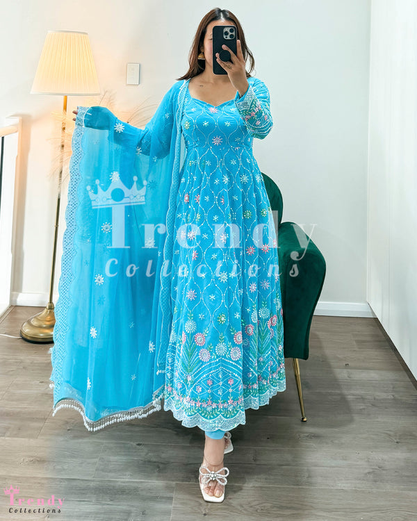 Georgette Anarkali Set with Sequin & Thread Work - Aqua Blue ( Sizes 34 to 42 available)