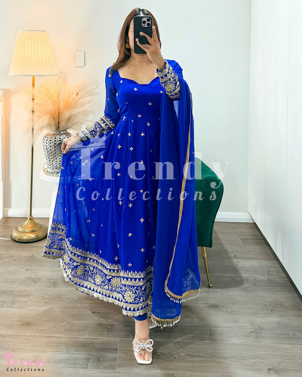 Georgette Anarkali Set with Sequin & Zari Work - Royal Blue ( Sizes 34 to 42 available)