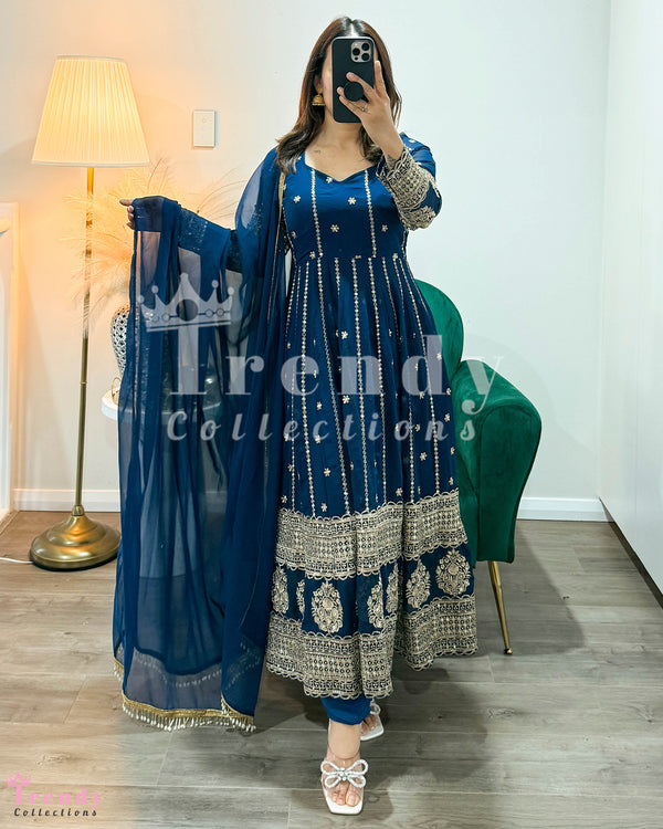 Georgette Anarkali Set with Sequin & Zari Work - Deep Teal Navy ( Sizes 34 to 42 available)