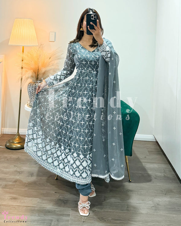 Georgette Anarkali Set with Sequin & Thread Work - Grey Colour ( Sizes 34 to 42 available)