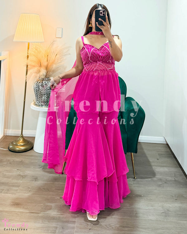 Georgette Two Step Sarara Set With Beads Work - Rani Hot Pink (Size 36 - 38 available)