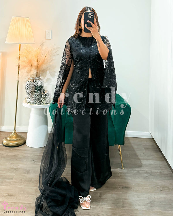 Blazer Style Plazo With Thread & Sequin Work - Black Colour (Size 34 - 38 available)