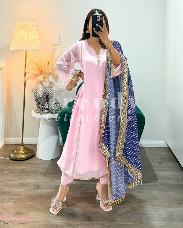 Loose Pakistani Style Kurtha Pant Set with Chunri Print Shawl  in  Baby Pink (Sizes 34 - 36 Available)