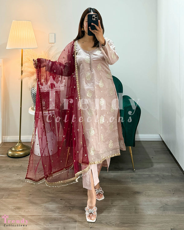Banarasi Style Kurtha Set  in  Dusky Pink (Sizes 34 - 38 Available)