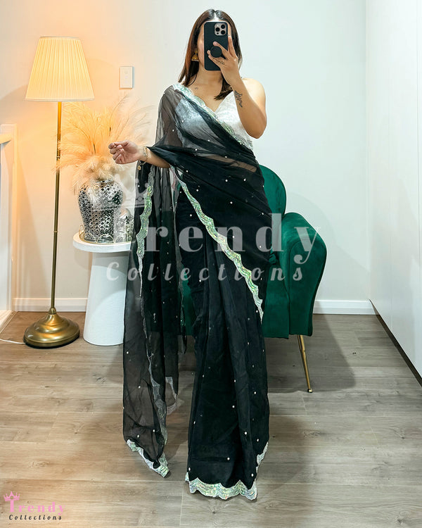 Ready to Wear (Predraped) Saree Set with Beads & Sequin Handowrk in Black & White  (Sizes 32- 38 available)