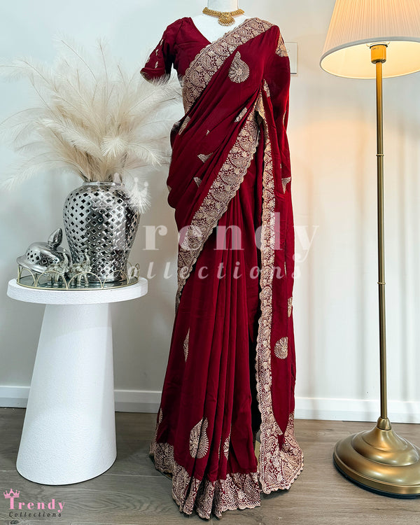 3 Piece Saree Set with Heavy Zari Work  -  Maroon (Sizes 32 - 40 available)