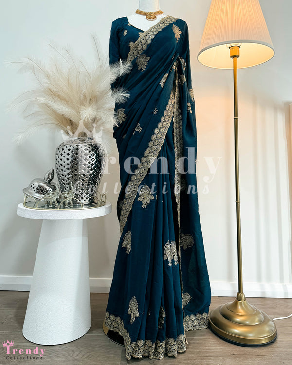 3 Piece Saree Set with Heavy Zari Work  -  Navy Blue (Sizes 30 - 36 available)