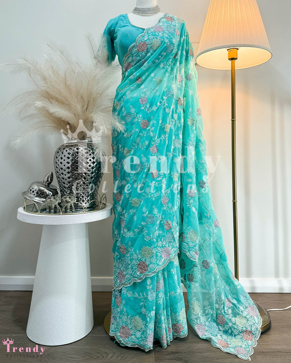 3 Piece Saree Set with Heavy Thread & Zari Work  -  Cyan Color (Sizes 34 - 40 available)