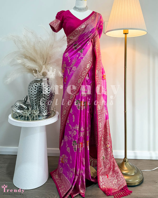Double Shaded 3 Piece Saree Set  -  Purple & Rani Pink (Sizes 34 - 40 available)
