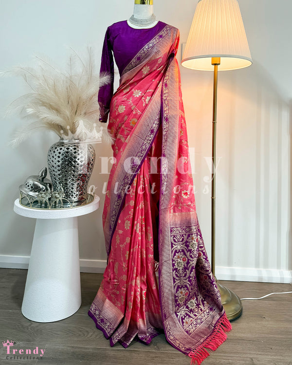 Double Shaded 3 Piece Saree Set  -  Purple & Peach Pink (Sizes 34 - 40 available)