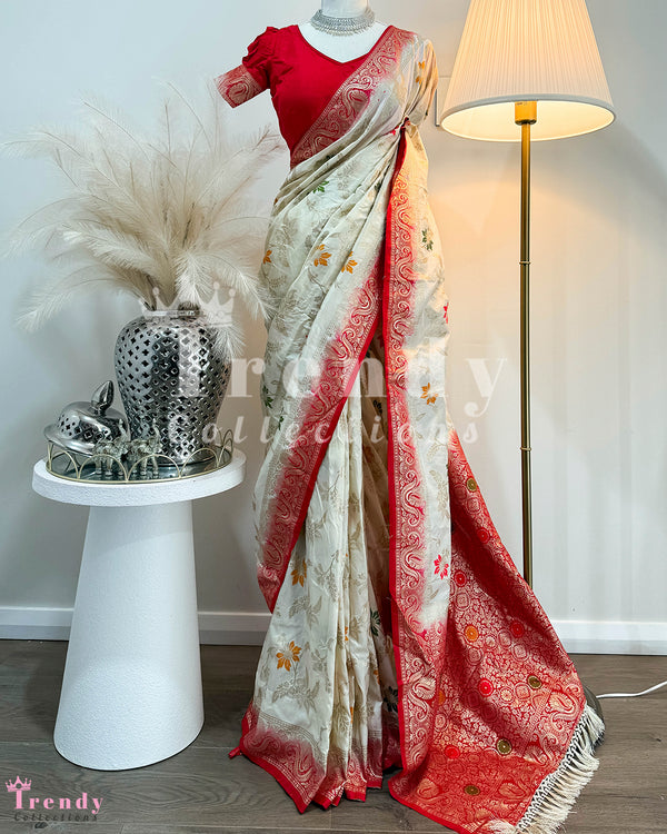 Double Shaded 3 Piece Saree Set  -  Red & White (Sizes 32 - 38 available)