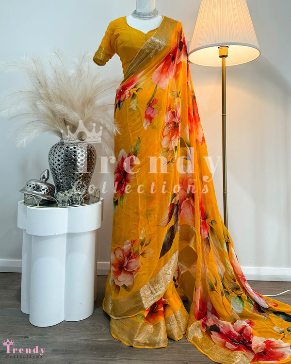 Floral Printed Saree Set  - Yellow & Pink  (Sizes 32 - 40 available)
