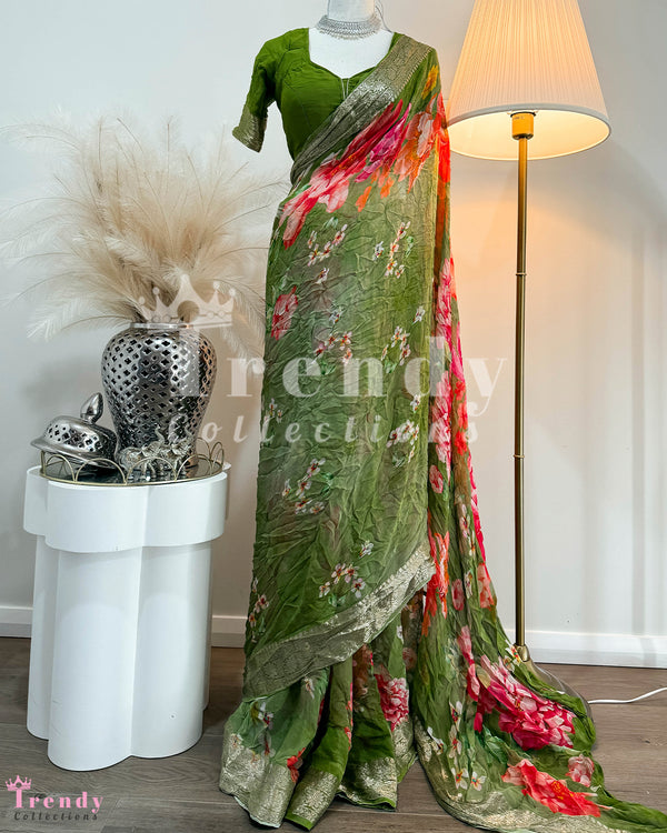 Floral Printed Saree Set  - Mehendi Green & Pink  (Sizes 32 - 40 available)