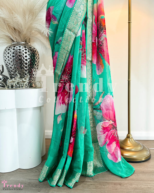 Floral Printed Saree Set  - Green & Pink  (Sizes 32 - 36 available)