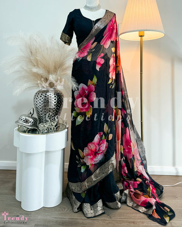 Floral Printed Saree Set  - Black & Pink  (Sizes 32 - 38 available)