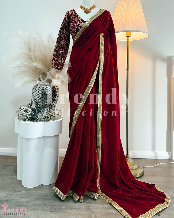 Designer Velvet Saree Set with Zari & Sequin Work - Maroon  (Sizes 34 - 44 available) (Copy)
