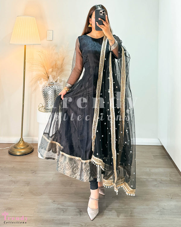 Black Soft Organza Anarkali Set ( Sizes 32 to 42 available)