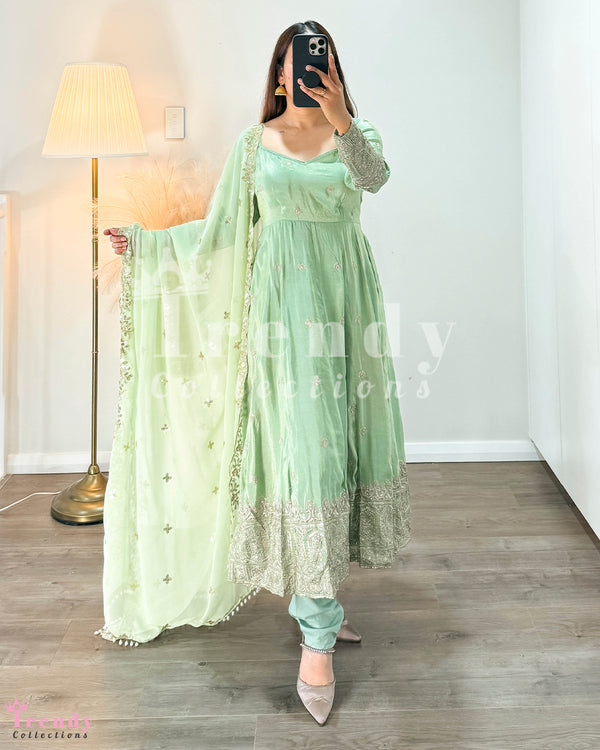 Pista Green Cosmo Silk Anarkali Set with Zari Work ( Sizes 32 to 40 available)