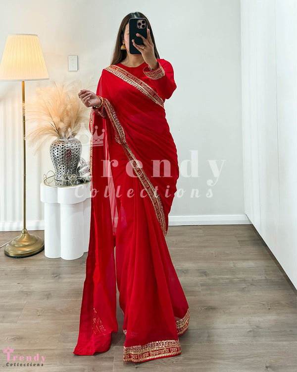 3 Piece "Saubhagyawati" Designer Saree Set - Red (Sizes 34 - 42 available)