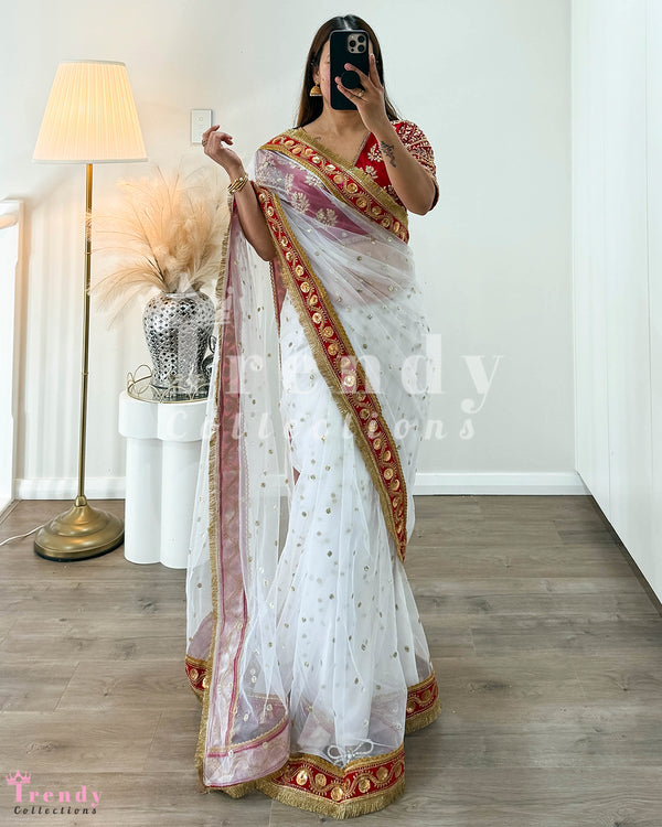 White Saree with Velvet Handwork Blouse Set with Heavy Stone & Zari Work - (Sizes 36 - 38 available)