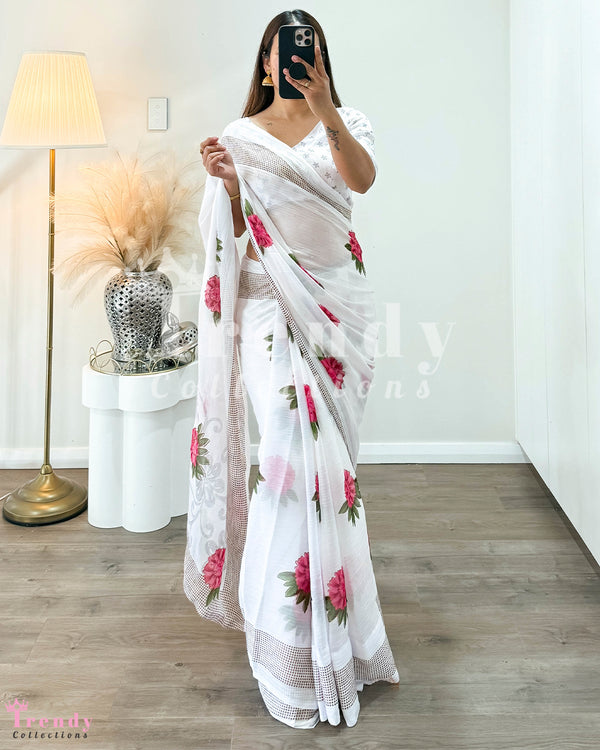 Gurash Floral Printed Soft Saree Set  - White & Pink (Sizes 30 - 36 available)