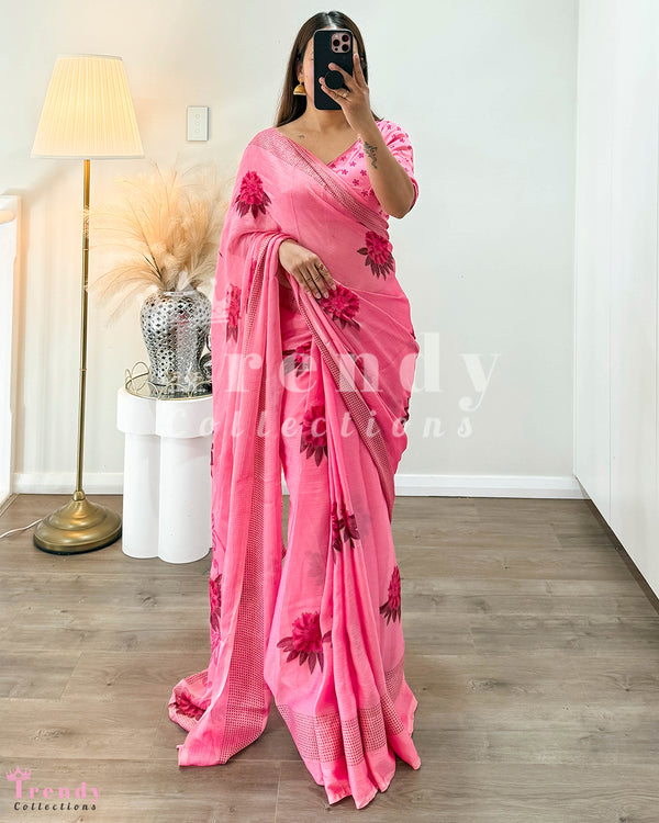 Gurash Floral Printed Soft Saree Set  - Peach Pink (Sizes 30 - 36 available)