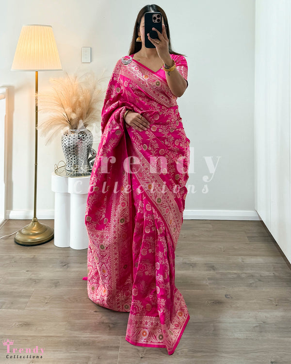 3 Piece Soft Dola Silk Saree Set - Rani Pink (Sizes 34 - 42 available)