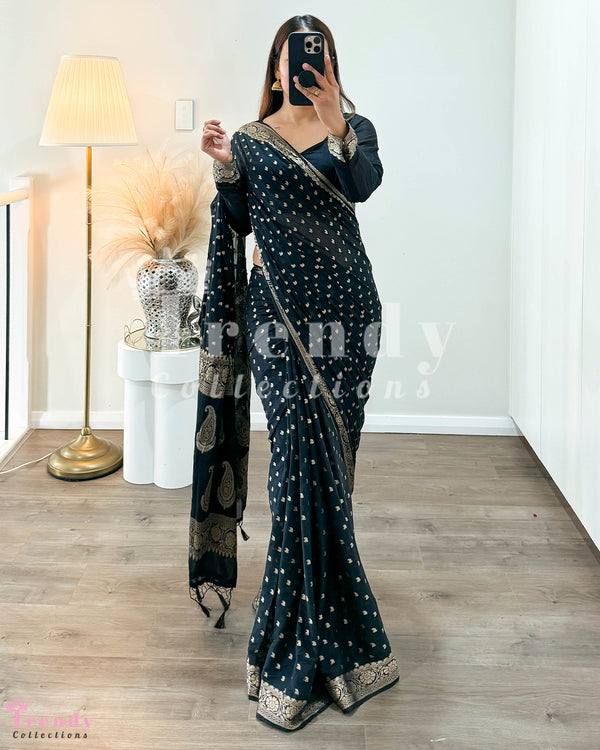 3 Piece Polka Dot Saree Set - Black Colour (Sizes 34 - 44 available)