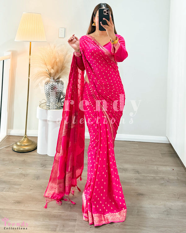 3 Piece Polka Dot Saree Set - Rani Pink (Sizes 34 - 42 available)