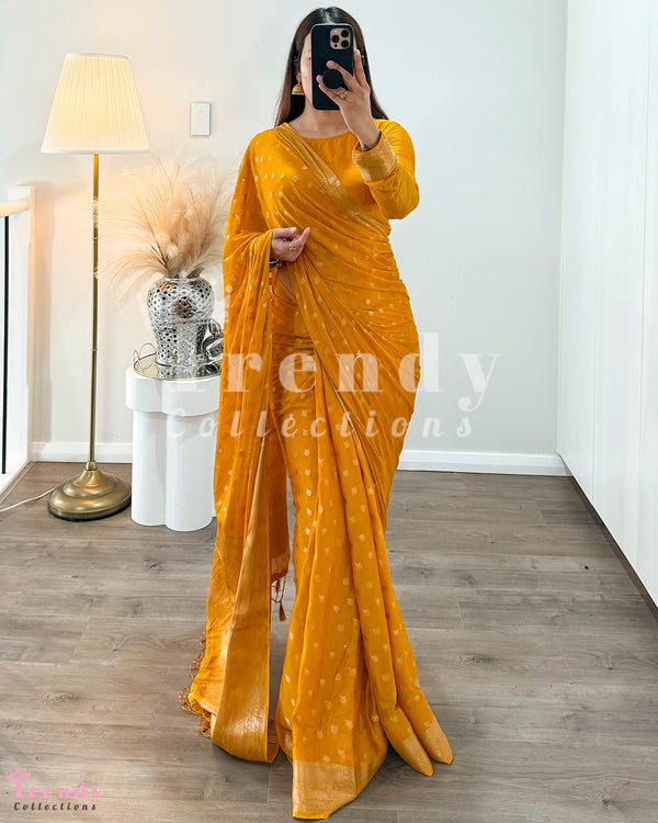 3 Piece Polka Dot Saree Set - Mustard Yellow (Sizes 34 - 42 available)