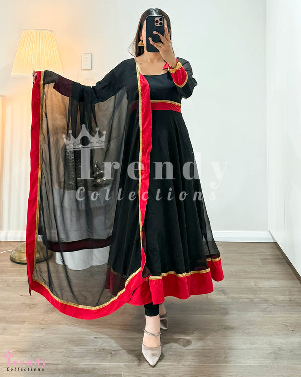 3 Piece Newari Haku Patasi Anarkali Set - Black & Red ( Sizes 34 to 43 available)