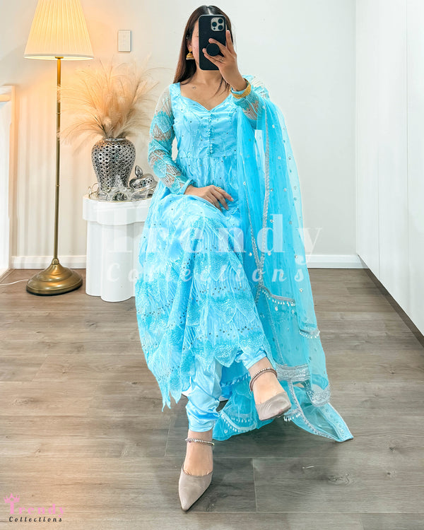 Sky Blue Net Fabric Anarkali Set with Sequin Work ( Sizes 32 to 42 available)